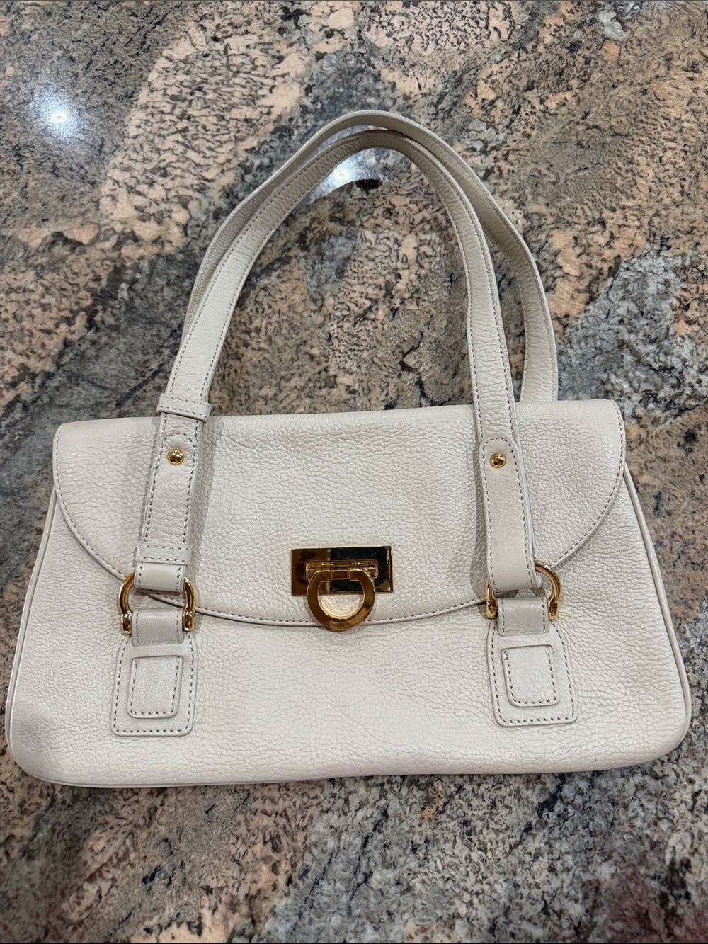 Kate Landry Cream Pebbled Leather Shoulder Bag with Gold Hardware